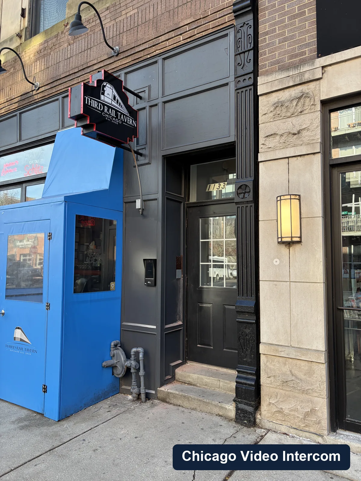Chicago commercial building entrance prepared for video intercom work
