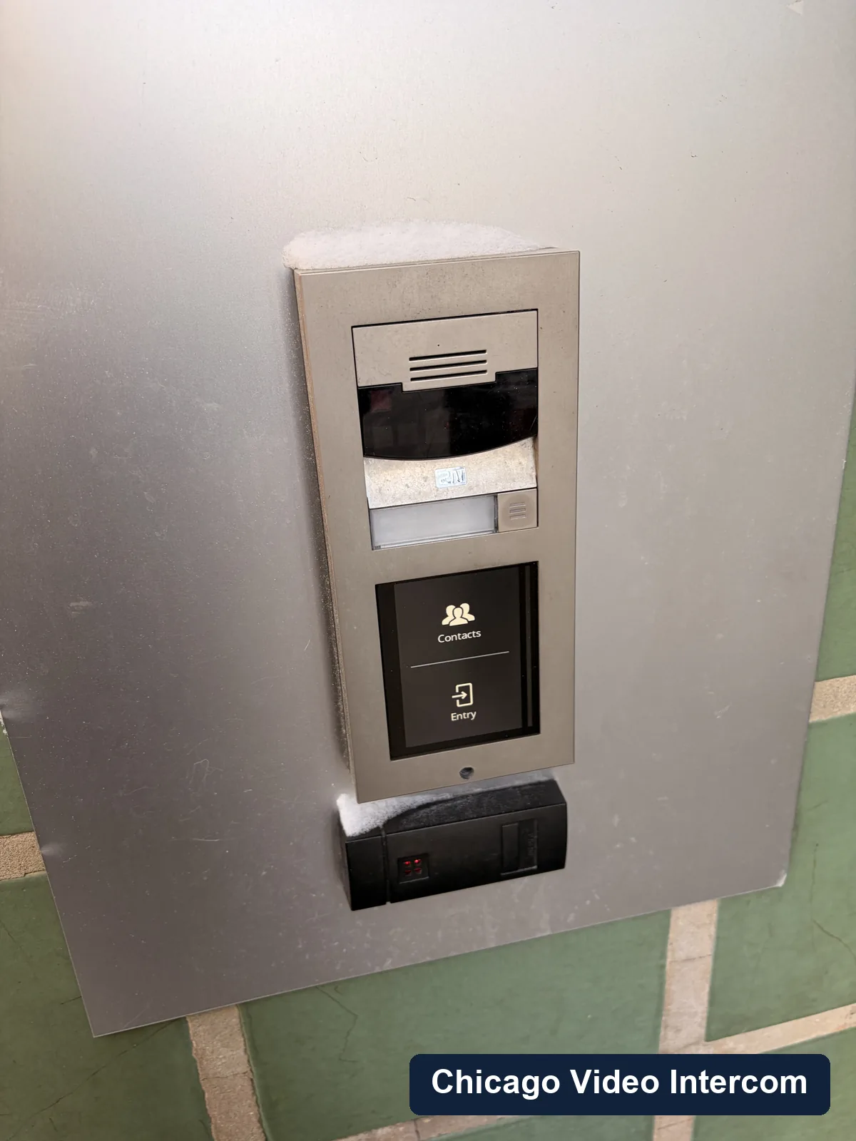Recessed video intercom with keypad and reader at a Chicago entry