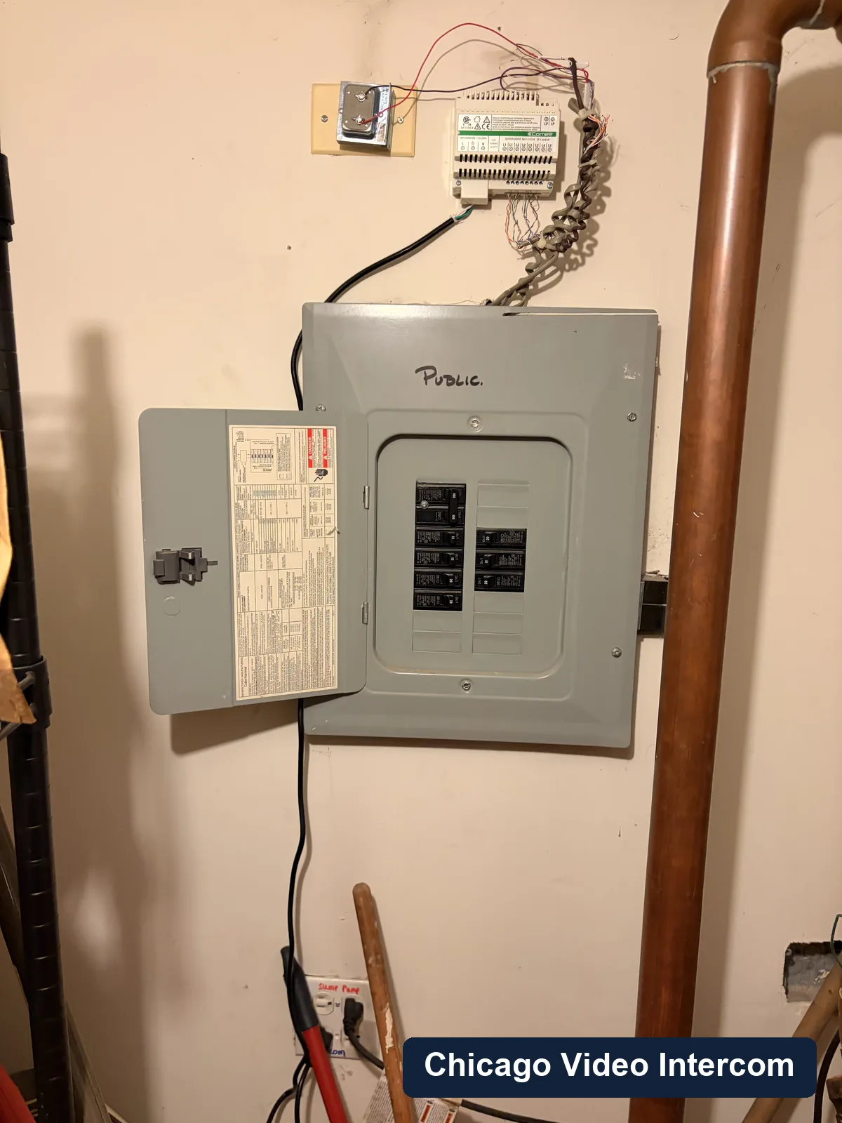 Intercom power and control equipment mounted near an electrical panel